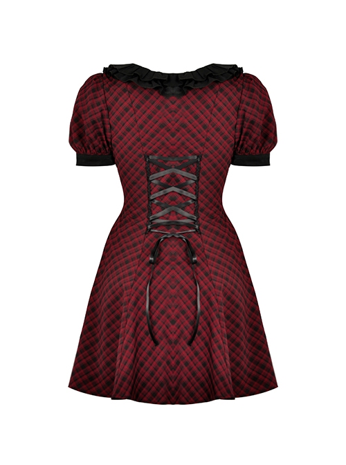 Red Devil Mesh Crescent Decorated Chest Ruffle Round Neck Gothic Short Sleeve Dress