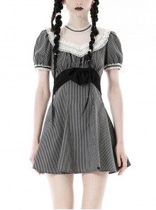 Black And White Striped Delicate Lace On The Front And Black Big Bow Gothic Style Short Sleeved Dress