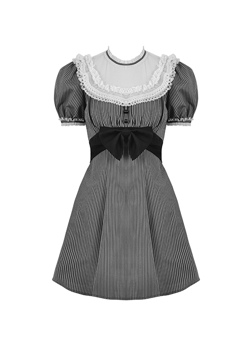 Black And White Striped Delicate Lace On The Front And Black Big Bow Gothic Style Short Sleeved Dress