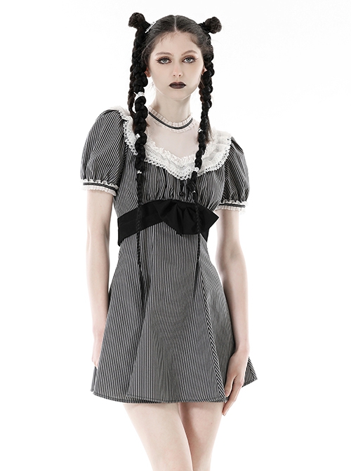 Black And White Striped Delicate Lace On The Front And Black Big Bow Gothic Style Short Sleeved Dress