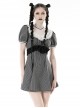 Black And White Striped Delicate Lace On The Front And Black Big Bow Gothic Style Short Sleeved Dress