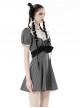 Black And White Striped Delicate Lace On The Front And Black Big Bow Gothic Style Short Sleeved Dress