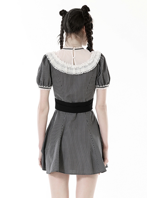 Black And White Striped Delicate Lace On The Front And Black Big Bow Gothic Style Short Sleeved Dress
