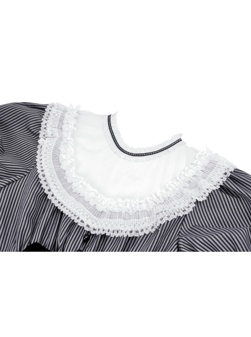 Black And White Striped Delicate Lace On The Front And Black Big Bow Gothic Style Short Sleeved Dress