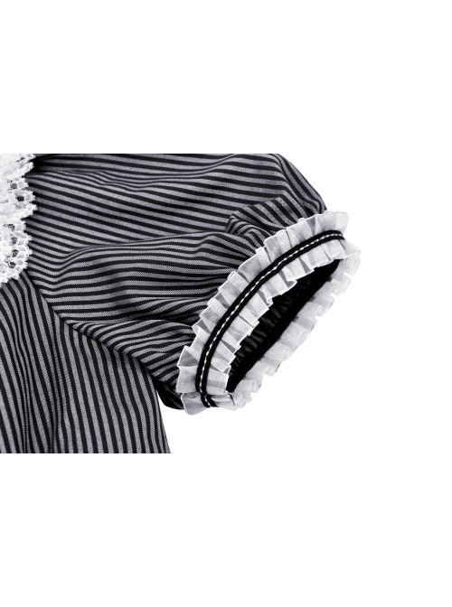 Black And White Striped Delicate Lace On The Front And Black Big Bow Gothic Style Short Sleeved Dress