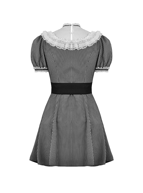 Black And White Striped Delicate Lace On The Front And Black Big Bow Gothic Style Short Sleeved Dress