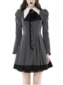 Black And White Striped Front Chest Tie Lapel Punk Preppy Style Long Sleeved Dress