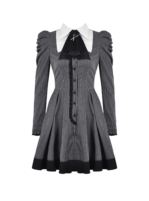 Black And White Striped Front Chest Tie Lapel Punk Preppy Style Long Sleeved Dress