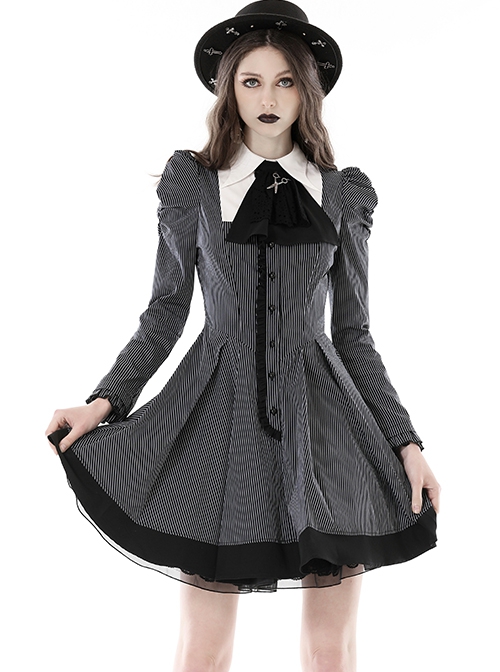 Black And White Striped Front Chest Tie Lapel Punk Preppy Style Long Sleeved Dress