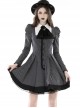 Black And White Striped Front Chest Tie Lapel Punk Preppy Style Long Sleeved Dress