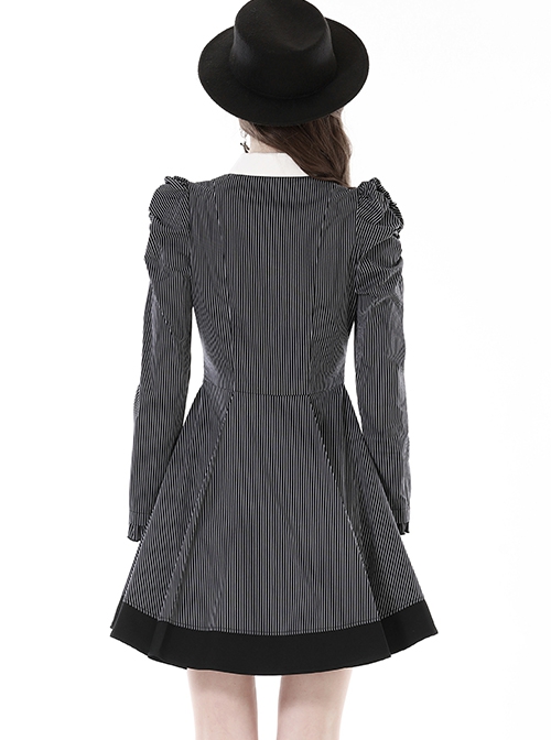 Black And White Striped Front Chest Tie Lapel Punk Preppy Style Long Sleeved Dress