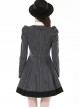 Black And White Striped Front Chest Tie Lapel Punk Preppy Style Long Sleeved Dress