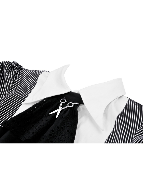 Black And White Striped Front Chest Tie Lapel Punk Preppy Style Long Sleeved Dress
