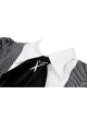 Black And White Striped Front Chest Tie Lapel Punk Preppy Style Long Sleeved Dress