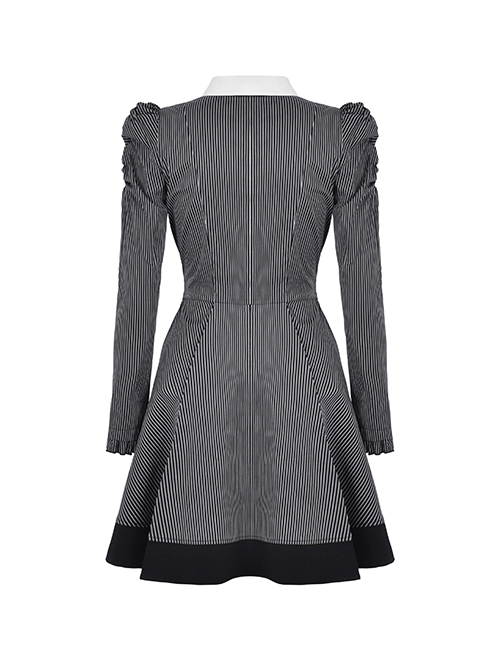 Black And White Striped Front Chest Tie Lapel Punk Preppy Style Long Sleeved Dress