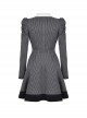 Black And White Striped Front Chest Tie Lapel Punk Preppy Style Long Sleeved Dress