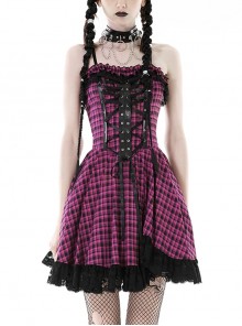 Rebellious Purple Mesh Lace Hem Lace Up Front Gothic Suspender Dress