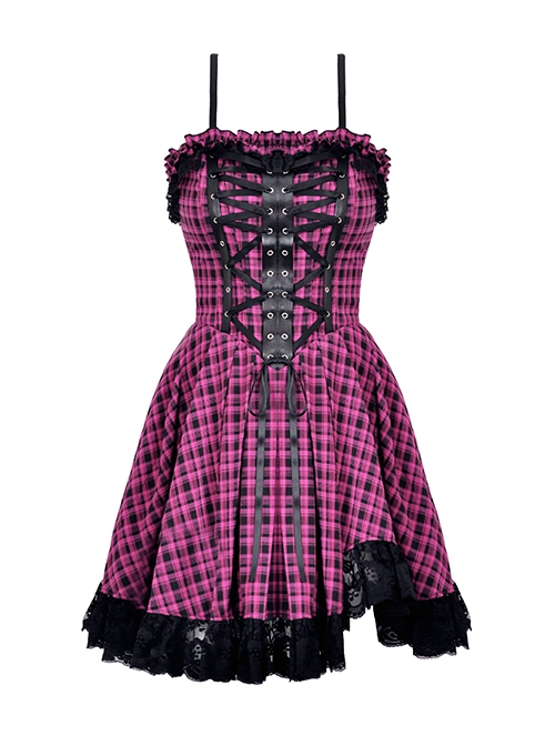Rebellious Purple Mesh Lace Hem Lace Up Front Gothic Suspender Dress