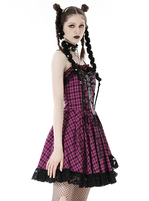 Rebellious Purple Mesh Lace Hem Lace Up Front Gothic Suspender Dress