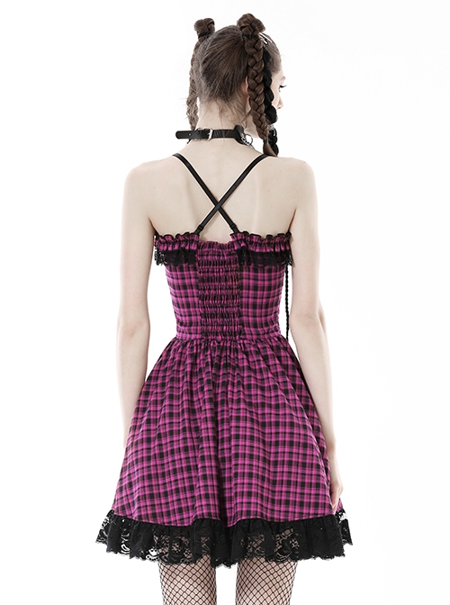 Rebellious Purple Mesh Lace Hem Lace Up Front Gothic Suspender Dress