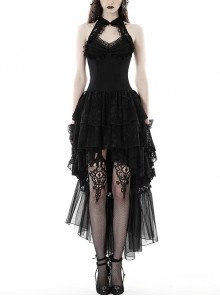 Sexy Black Printed Tube Top Lace Mesh High Low Hem Gothic Style Halter Neck Dress