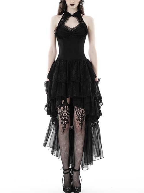 Sexy Black Printed Tube Top Lace Mesh High Low Hem Gothic Style Halter Neck Dress