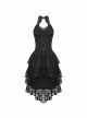 Sexy Black Printed Tube Top Lace Mesh High Low Hem Gothic Style Halter Neck Dress