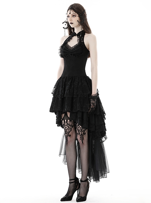 Sexy Black Printed Tube Top Lace Mesh High Low Hem Gothic Style Halter Neck Dress