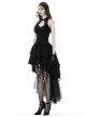Sexy Black Printed Tube Top Lace Mesh High Low Hem Gothic Style Halter Neck Dress