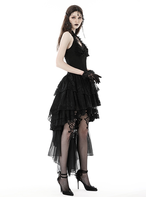 Sexy Black Printed Tube Top Lace Mesh High Low Hem Gothic Style Halter Neck Dress