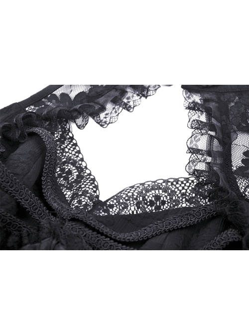 Sexy Black Printed Tube Top Lace Mesh High Low Hem Gothic Style Halter Neck Dress