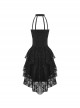 Sexy Black Printed Tube Top Lace Mesh High Low Hem Gothic Style Halter Neck Dress