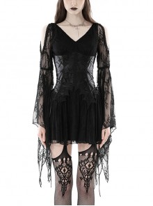 Black Sexy Lace V Neck Off Shoulder Punk Style Long Sleeved Dress
