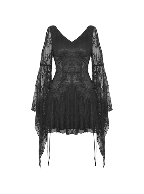 Black Sexy Lace V Neck Off Shoulder Punk Style Long Sleeved Dress