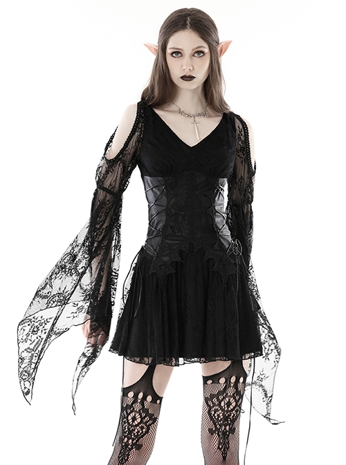 Black Sexy Lace V Neck Off Shoulder Punk Style Long Sleeved Dress