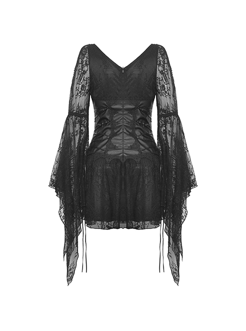 Black Sexy Lace V Neck Off Shoulder Punk Style Long Sleeved Dress