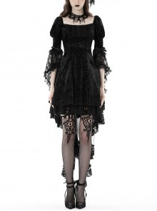 Comfortable Black Velvet Patchwork Lace Long Sleeved Gothic Style Tie Dress
