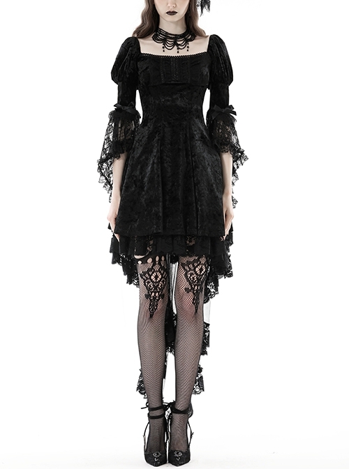Comfortable Black Velvet Patchwork Lace Long Sleeved Gothic Style Tie Dress