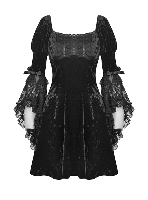 Comfortable Black Velvet Patchwork Lace Long Sleeved Gothic Style Tie Dress