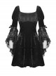 Comfortable Black Velvet Patchwork Lace Long Sleeved Gothic Style Tie Dress