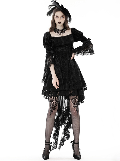 Comfortable Black Velvet Patchwork Lace Long Sleeved Gothic Style Tie Dress