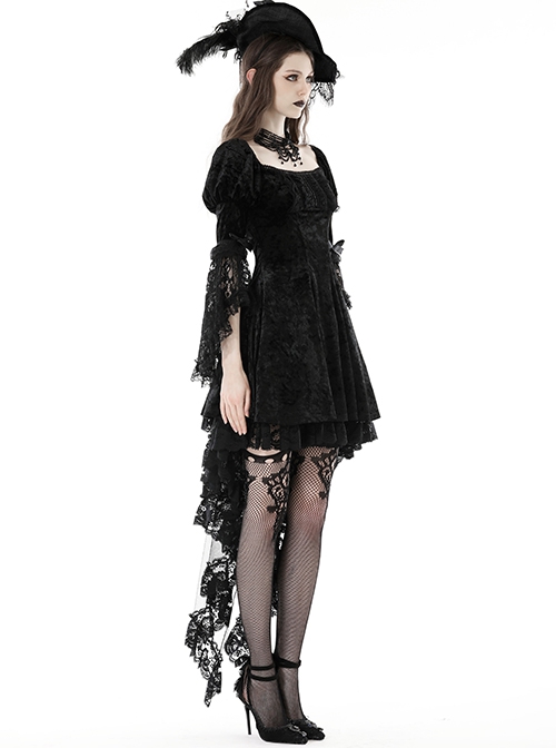 Comfortable Black Velvet Patchwork Lace Long Sleeved Gothic Style Tie Dress  - Magic Wardrobes