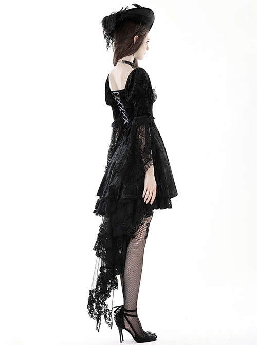 Comfortable Black Velvet Patchwork Lace Long Sleeved Gothic Style Tie Dress