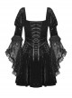 Comfortable Black Velvet Patchwork Lace Long Sleeved Gothic Style Tie Dress