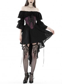 Sexy Black Off The Shoulder Asymmetrical Hem Back Tied Gothic Suspender Princess Sleeve Dress