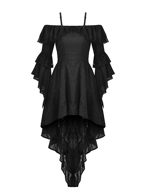 Sexy Black Off The Shoulder Asymmetrical Hem Back Tied Gothic Suspender Princess Sleeve Dress