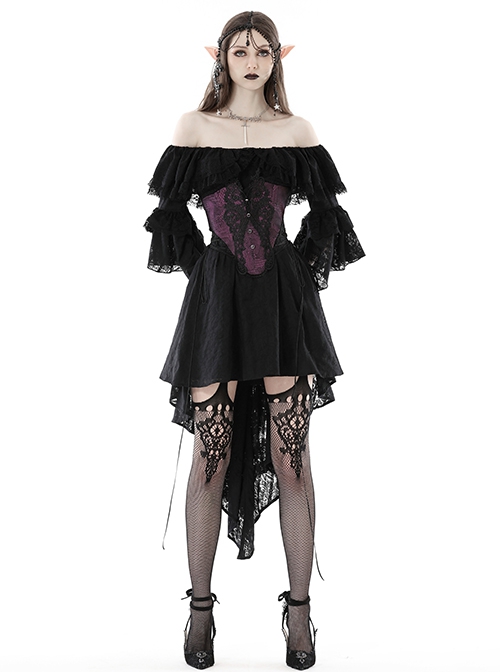 Sexy Black Off The Shoulder Asymmetrical Hem Back Tied Gothic Suspender Princess Sleeve Dress