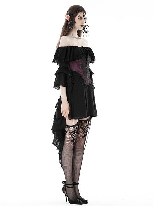 Sexy Black Off The Shoulder Asymmetrical Hem Back Tied Gothic Suspender Princess Sleeve Dress