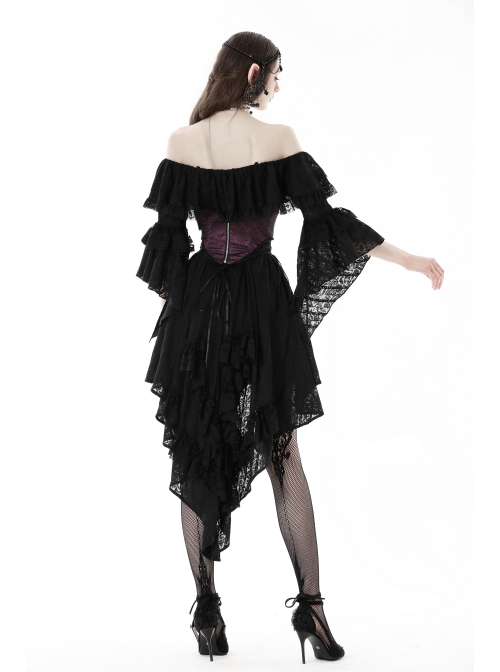 Sexy Black Off The Shoulder Asymmetrical Hem Back Tied Gothic Suspender Princess Sleeve Dress