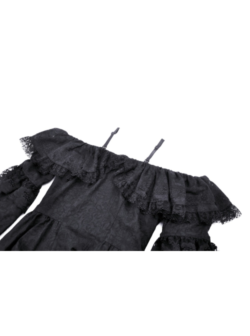 Sexy Black Off The Shoulder Asymmetrical Hem Back Tied Gothic Suspender Princess Sleeve Dress